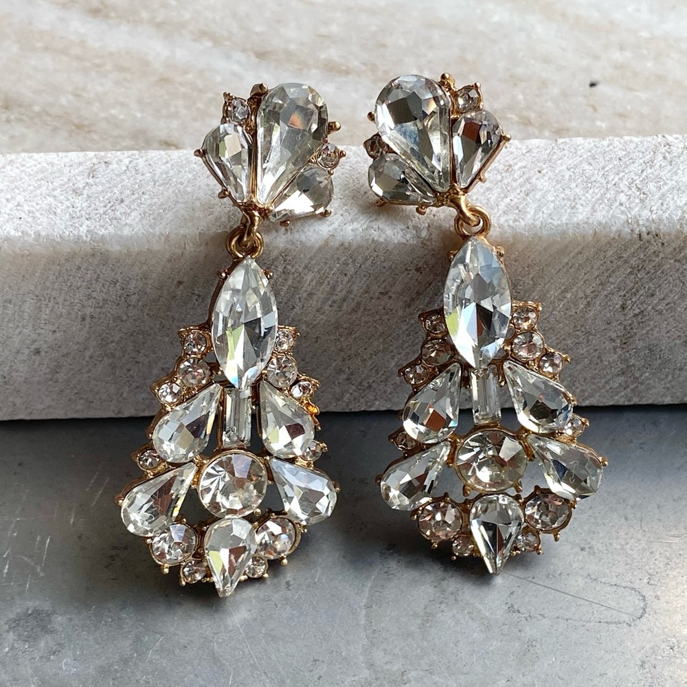NEW Badgley Mischka Gold Crystal Drop Bridal Dangle Earrings Art Deco Chunky - Picture 2 of 6